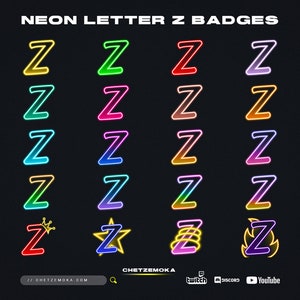 Emblemas de inscrição da letra Z | Emblemas de néon | Conjunto de 20 ícones de assinante | Brilho | Discord | Twitch | Kick