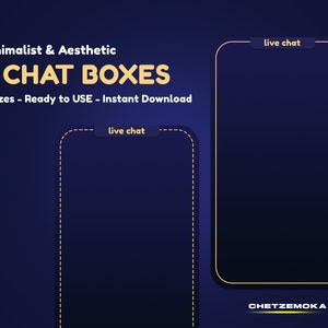 Peut inclure: Deux boîtes de chat avec un fond bleu foncé et des accents dorés. Le texte "live chat" apparaît dans une boîte jaune en haut de chaque boîte de chat. Le texte "CHETZEMOKA" apparaît en bas de chaque boîte de chat.