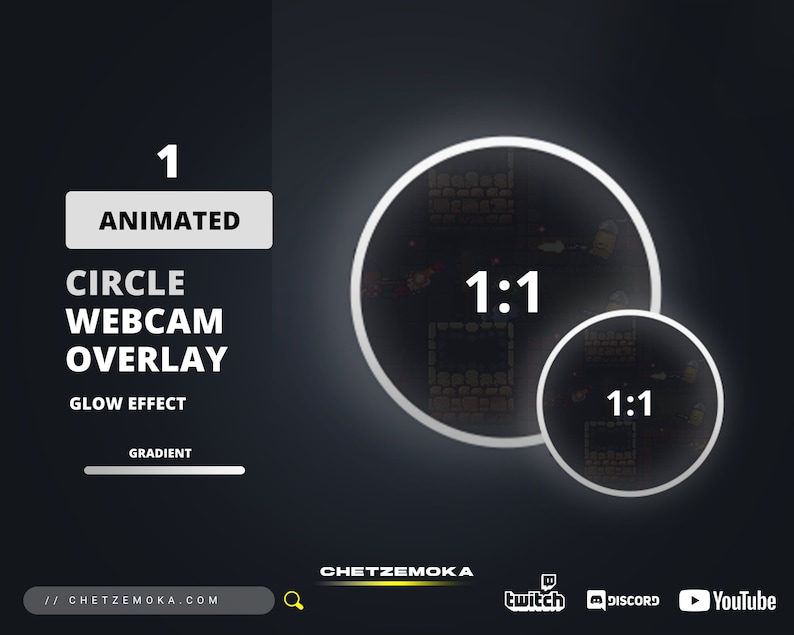 Peut inclure: Superposition de webcam circulaire anim&eacute;e avec un effet de lueur et un d&eacute;grad&eacute;. La superposition pr&eacute;sente un rapport hauteur/largeur de 1:1 et est id&eacute;ale pour le streaming ou les appels vid&eacute;o.