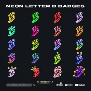 Emblemas de inscrição da letra B | Emblemas de néon | Conjunto de 20 ícones de assinante | Brilho | Simples | Twitch | Kick