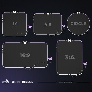 May include: A dark background with white and purple accents, featuring five black rectangles and a circle, each labeled with aspect ratios like "1:1" and "4:3". Decorative butterflies and dotted lines adorn the design. Social media icons and a website address are at the bottom.
