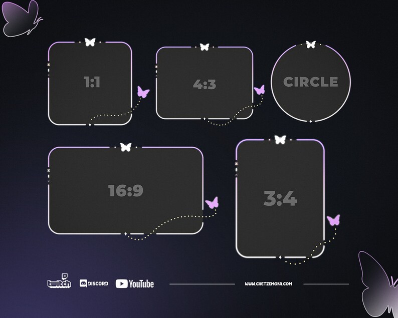 May include: A dark background with white and purple accents, featuring five black rectangles and a circle, each labeled with aspect ratios like "1:1" and "4:3". Decorative butterflies and dotted lines adorn the design. Social media icons and a website address are at the bottom.