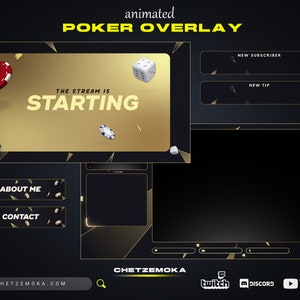 Superposition animée de poker Twitch Gold | 4 scènes | Écrans de démarrage et hors ligne | Insignes secondaires | Alertes (didacticiel inclus) | Panneaux