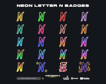 Letter N Sub Badges | Neon Badges | Set of 20 Subscriber Icons | Glow | Simple | Twitch | Kick