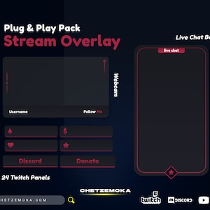 Stream Overlay Package Red | Webcam Overlay | 20 Twitch Panels | Stream Labels | Stream Chat Box | Red & Black
