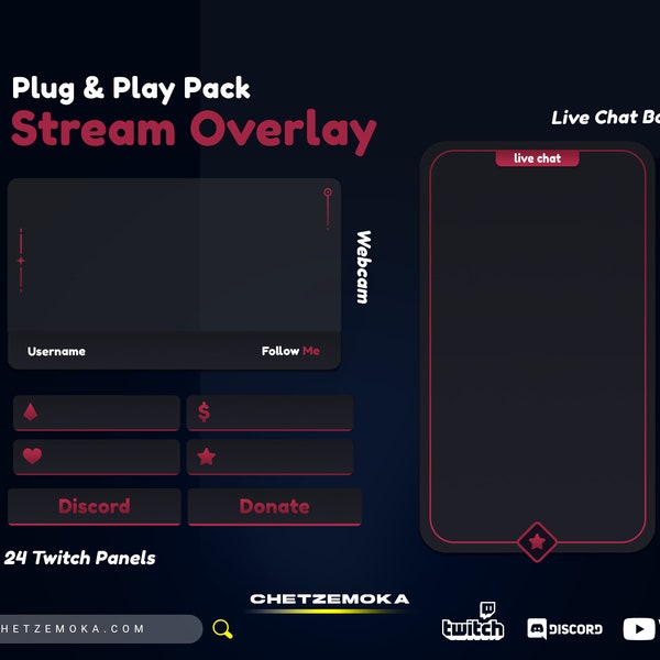 Stream Overlay Package Red | Webcam Overlay | 20 Twitch Panels | Stream Labels | Stream Chat Box | Red & Black