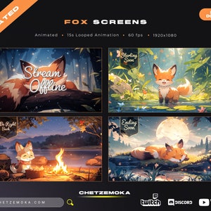 Könnte beinhalten: Animierte "Fox Screens" mit einem Cartoon-Fuchs in vier Szenen: "Stream Offline", "Starting Soon", "Be Right Back" und "Ending Soon". Die Bildschirme sind animierte, 15 Sekunden lange Loop-Animationen mit 60 fps und einer Auflösung von 1920x1080. Der Text "Sofort-Download" ist ebenfalls enthalten.