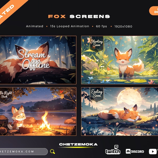 Fox Twitch Screens | 4 Animated vTuber Backgrounds for Streamers | Vtuber | Stream Starting | Be Right Back | Stream Ending | Offline