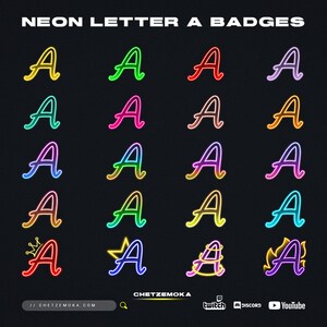 May include: A set of 16 neon letter A badges in various colors, including red, green, blue, purple, yellow, and orange. The badges feature a stylized letter A with a neon glow effect. Some badges have additional elements, such as a crown, star, or flame.