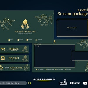 Floral Stream Overlay Green and Gold - Animated & Static Version | Floral Green and Gold Twitch Pack