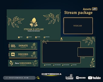 Floral Stream Overlay Green and Gold - Animated & Static Version | Floral Green and Gold Twitch Pack
