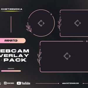 May include: Animated webcam overlay pack with a gradient design. The pack includes five different overlays with a pink and white colour scheme. The overlays feature a simple geometric design with a floral element. The text "WEB CAM OVERLAY .5. PACK" is displayed in a bold font. The text "ANIMATED" is displayed in a smaller font. The text "GRADIENT" is displayed in a smaller font. The text "www.chetzemoka.com" is displayed in a smaller font. The text "twitch", "discord", and "youtube" are displayed in a smaller font.