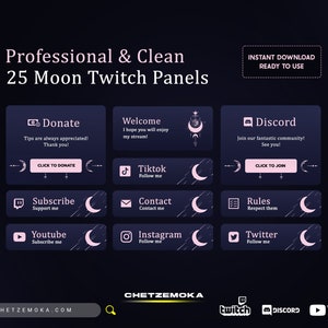 Moon Cosmic Twitch パネル: ネイビーブルー & ピンクのストリームオーバーレイ (即時ダウンロード)