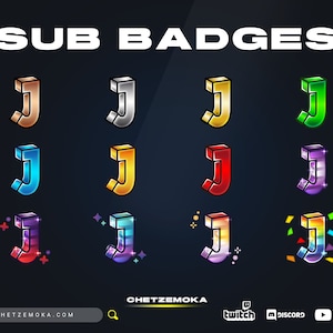 Emblemas de Sub Letra J | Conjunto de 12 Emblemas | 3D | Torcida | Letra | Bronze | Prata | Ouro