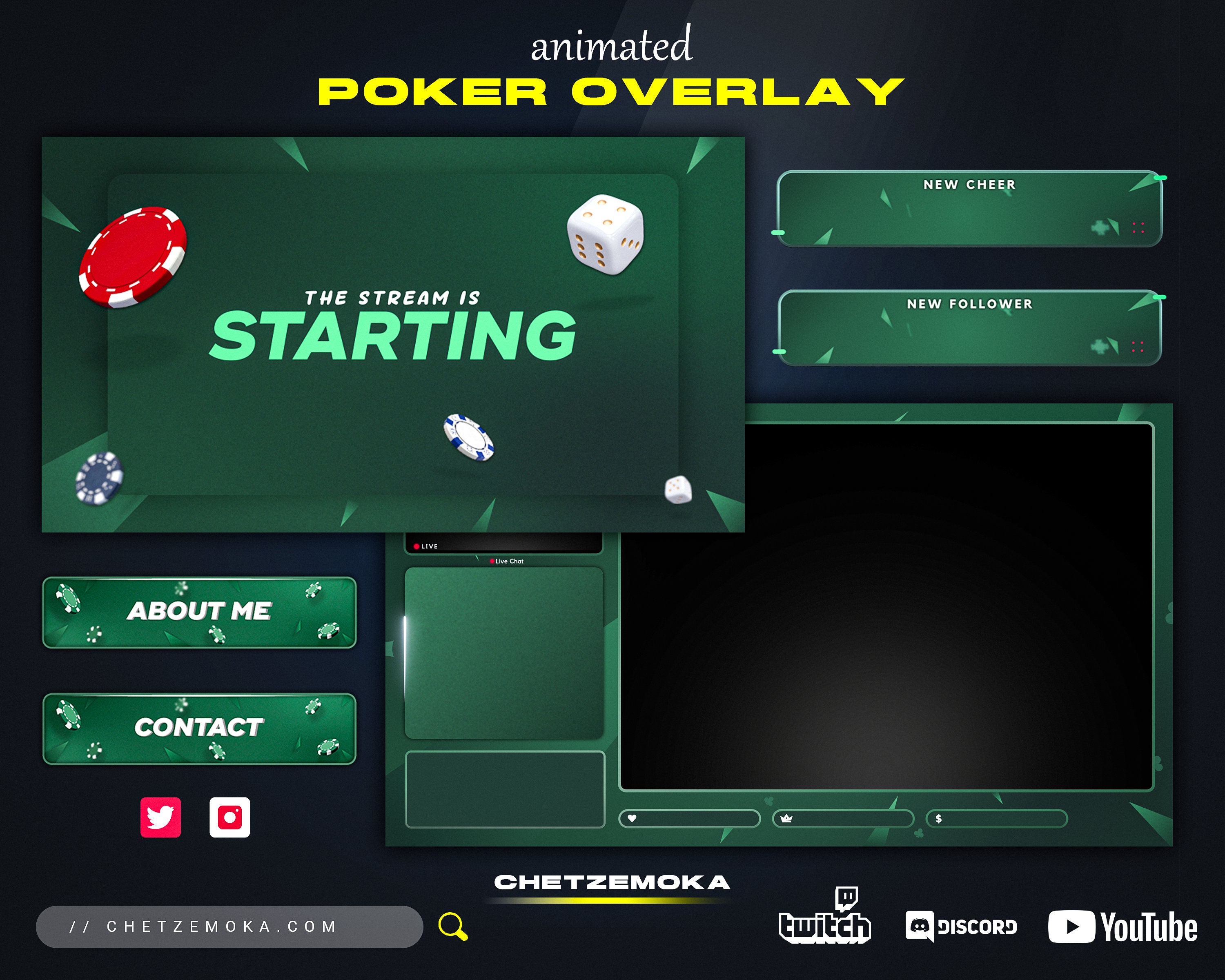 Twitch Green Poker Overlay — wersja animowana i statyczna | 4 sceny | 2 Ekrany startowe i offline | Odznaki podrzędne | Alerty | Panele