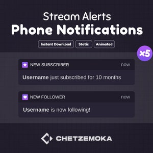 Twitch Alerts Phone Notifications | Purple Dark Theme Stream Alerts | 5 Animated Twitch Alerts | Instant Download