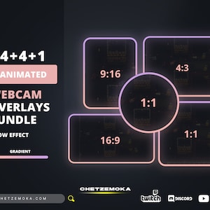 Puede incluir: Un gráfico que muestra diferentes relaciones de aspecto para superposiciones de cámara web. Las relaciones son 9:16, 16:9, 4:3 y 1:1. El gráfico es rosa y morado con un efecto de brillo. El texto "4+4+1 ANIMATED WEBCAM OVERLAYS BUNDLE GLOW EFFECT GRADIENT" está en la parte superior del gráfico.