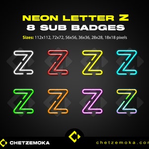 May include: Eight neon letter Z badges in different colors: white, red, yellow, blue, green, orange, pink, and light blue. The badges are arranged in two rows of four. The text "NEON LETTER Z" and "8 SUB BADGES" is displayed above the badges. The text "Sizes: 112x112, 72x72, 56x56, 36x36, 28x28, 18x18 pixels" is displayed below the badges.