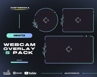 May include: Animated webcam overlay pack with five different frames. The frames are outlined in blue and green and feature a simple geometric design. The text "Animated" and "Webcam Overlay 5 Pack" are displayed in white. The text "Gradient" is displayed in blue and green. The text "www.chetzemoka.com" is displayed in white.