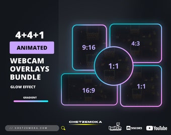 May include: Animated webcam overlays bundle with a glow effect and gradient design. The image features four rectangular and circular frames with different aspect ratios, including 9:16, 4:3, 16:9, and 1:1. The text "4+4+1" is at the top.