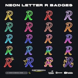 Insignias de suscripción con la letra R / Insignias de neón / Conjunto de 20 íconos de suscriptor / Brillo / Discord / Twitch / Kick