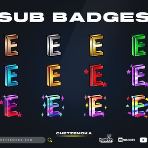 Insignias de la letra E / Juego de 12 insignias / 3D / Animación / Letra / Bronce / Plata / Oro