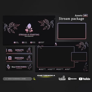 Sobreposição de fluxo floral roxo - versão animada e estática | Pacote de fluxo de Twitch floral violeta