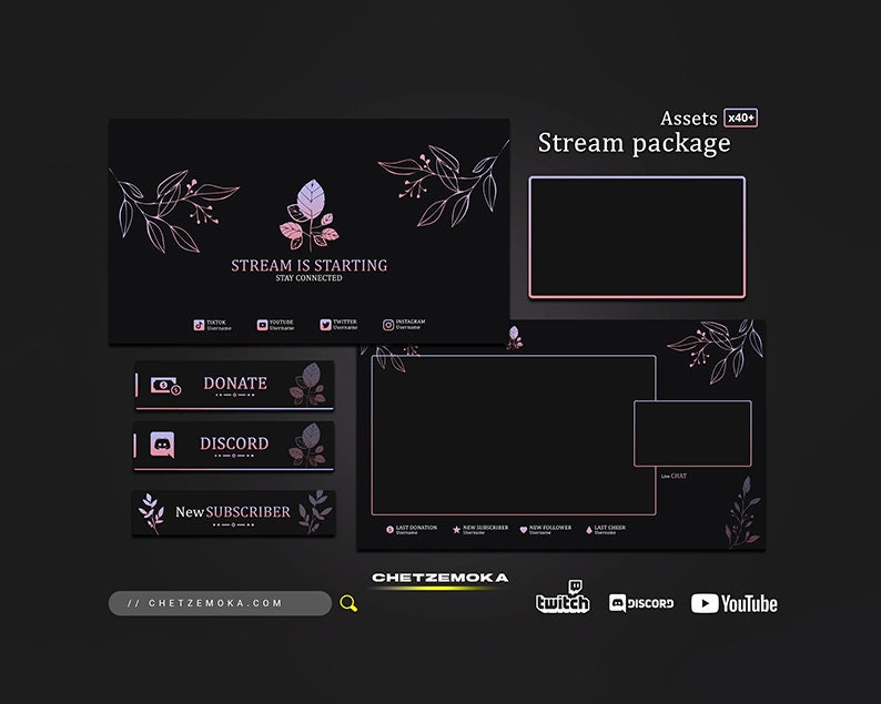 Floral Stream Overlay Purple - Animated & Static Version | Floral Violet Twitch Stream Package
