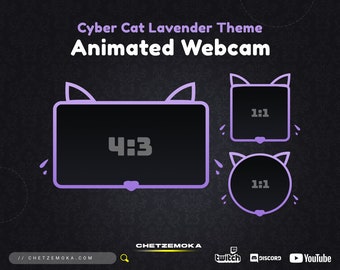 Może przedstawiać: Animowane nakładki na kamerę internetową w kolorze lawendowym z motywem kota. Nakładki są w proporcjach 4:3 i 1:1. Tekst "Cyber Cat Lavender Theme Animated Webcam" znajduje się w górnej części obrazu. Tekst "CHETZEMOKA" znajduje się w dolnej części obrazu.