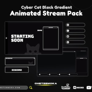 猫のストリームオーバーレイ ブラック＆ホワイト - アニメーション猫ストリームパック - ストリーマー、OBS、StreamLabs、StreamElements 向けのミニマリスト猫 Twitch オーバーレイ