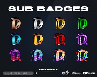 文字Dのサブバッジ: ブロンズ、シルバー、ゴールドのTwitch Cheerバッジ