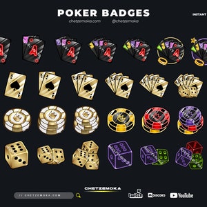 Twitch Poker Sub Abzeichen | 25 Anstecker | Karten | Würfel und Chips | Neon & Gold | Sofortige Lieferung