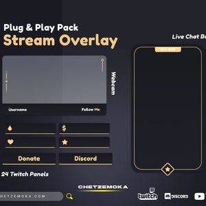 Peut inclure: Modèle de superposition de flux Twitch noir et or avec un cadre de webcam, une boîte de chat et 24 panneaux personnalisables. La superposition comprend des étiquettes pour le nom d'utilisateur, le suivi, le don et la discorde. Le texte "Plug & Play Pack Stream Overlay" est en haut de l'image.