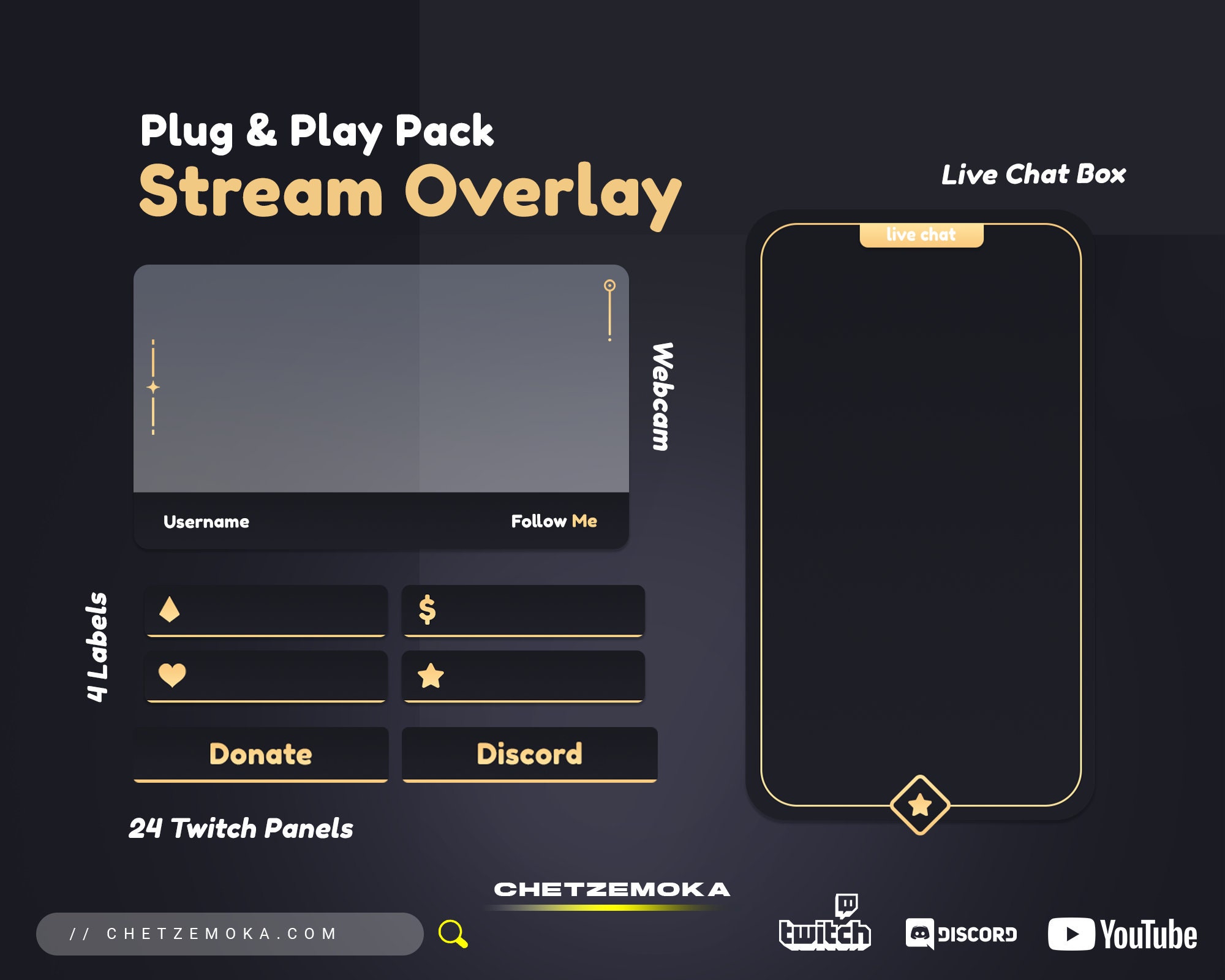 Stream Overlay Package Black & Gold cam Overlay 24 Twitch Panels