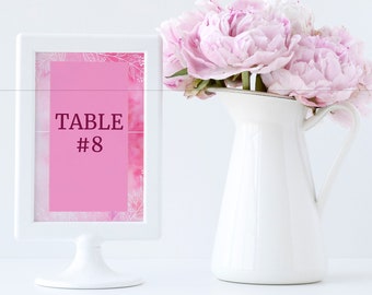 TABLE NUMBER TEMPLATE, Pink Watercolor Collection, Wedding Table Number Sign, Printable, Custom, Templett Instant Download, Editable