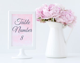 TABLE NUMBER TEMPLATE, Elegant Pink Watercolor Collection, Wedding Table Number Sign, Printable, Custom, Templett Instant Download, Editable