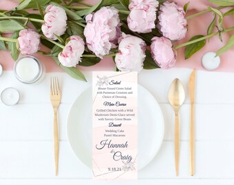 WEDDING MENU TEMPLATE, Peach Flowers with Gold Border Collection Collection, Table Menu Card, Printable Custom Templett Instant Download