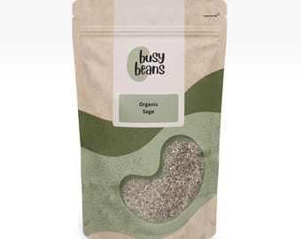 May include: A package of organic sage from Busy Beans. The bag is tan with a clear window showing the dried herb. The label reads "Organic Sage". The bag has a green wave design.