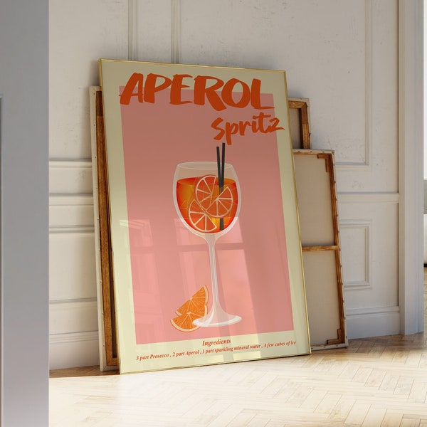 Aperol Spritz Print Digital Download Cocktail Poster Printable Wall Art Retro Kitchen Decor Bar Cart Art Print Pink Wall Art Preppy Decor