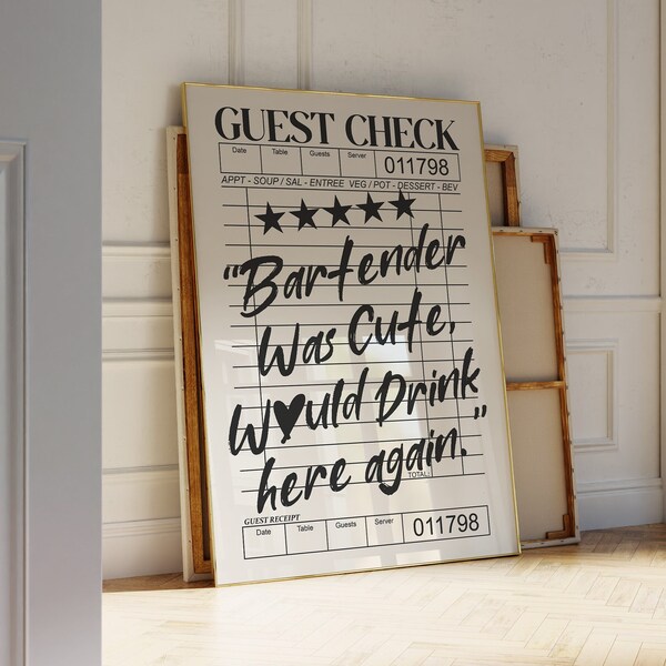 Bar Cart Art Print Digital Download Guest Check Poster Print Preppy Wall Decor Bartender Was Cute Printable Wall Art Cute Apartment Decor