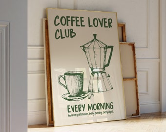 Coffee Lover Club Print Digital Download Retro Kitchen Wall Art Printable Mid Century Modern Print Typography Wall Art Green Wall Decor