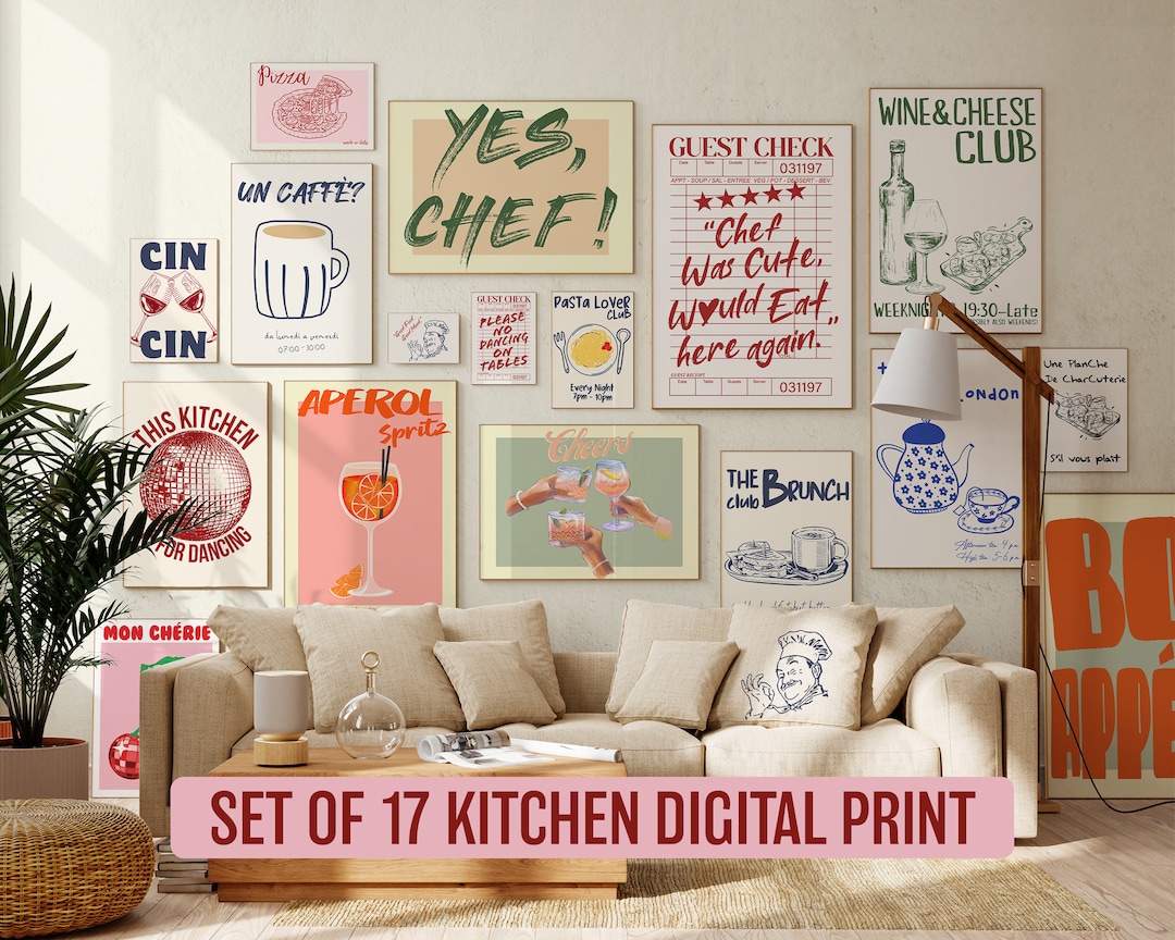 Retro Kitchen Wall Art Set Digital Download Kitchen Gallery Print Set of 17 Preppy Wall Decor
