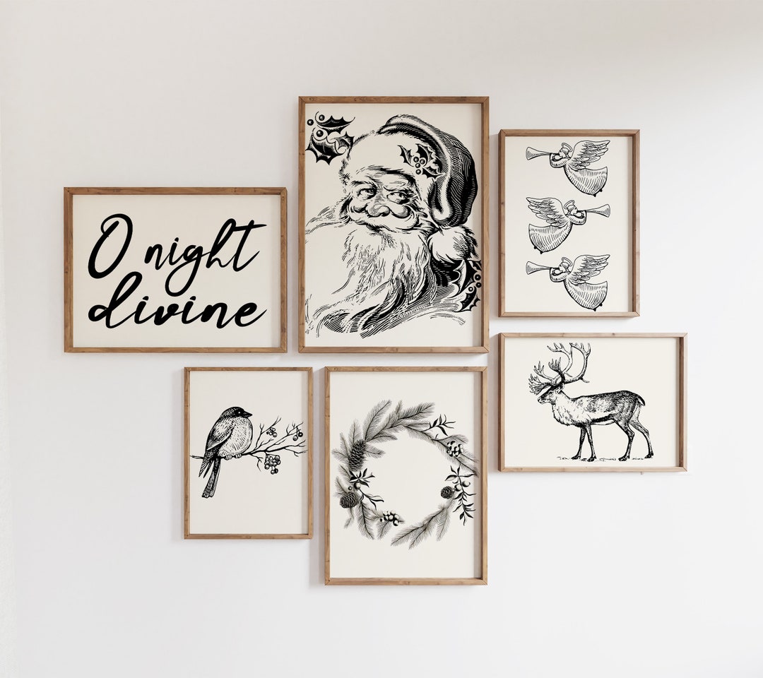Vintage Christmas Wall Art Set of 6 Prints Digital Download Retro Wall