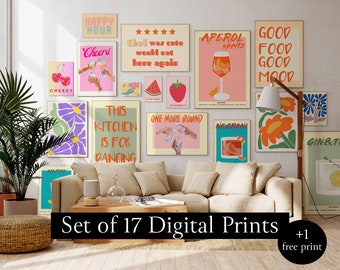 Retro Wall Art Kitchen Print Set of 17 Trendy Digital Prints Bar Cart Print Food Poster Printable Wall Art Preppy Decor Suprise Bonus Print