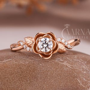 Nature Inspired Leaf Diamond Ring, Round Cut Flower Moissanite Engagement Ring, Floral Twisted Band, Promise Ring, Proposal Ring For Her.