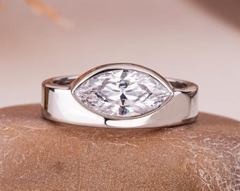 East West Marquise Cut Moissanite Engagement Ring, Bezel Set Solitaire Wedding Ring, 14K White Gold Ring, Promise Ring, Anniversary Gifts