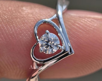 Heart Shape Ring, Round Cut Moissanite Diamond Engagement Ring, 14K Solid Gold Promise Ring, Minimalist Ring, Love Proposal Ring For Her.