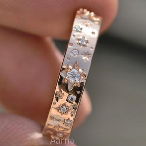 Star Wedding Band, Celestial Eternity Ring, Star Set Moissanite Diamond Ring, 14K Rose Gold Celestial Ring, Star Shaped Diamond Wedding Band