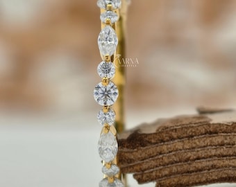 Marquise and Round Cut Diamond Band, Solid Gold Marquise Wedding Band, Dainty Stacking Ring, Gold Eternity Ring, Comfort Fit Band For Her.