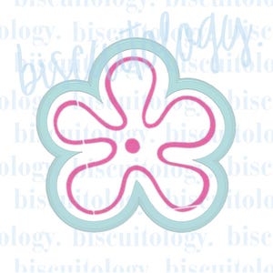 May include: A pink flower with five petals and a small pink circle in the center. The flower is outlined in light blue.